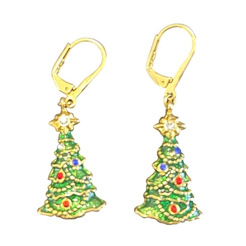 Christopher Radko Enamel Christmas Tree Dangle Earrings – Gold Tone  – Signed